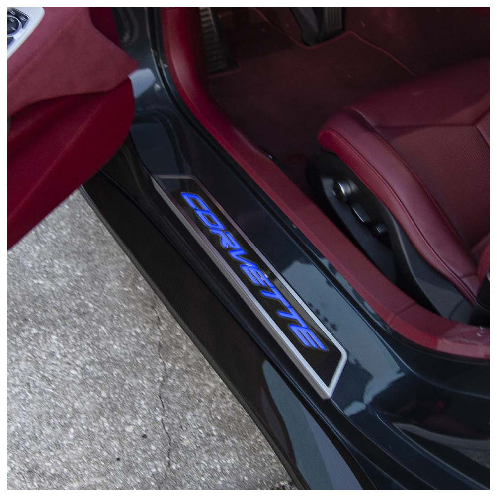 C8 Corvette LED Lit Carbon Fiber Replacement Door Sills Stainless Steel